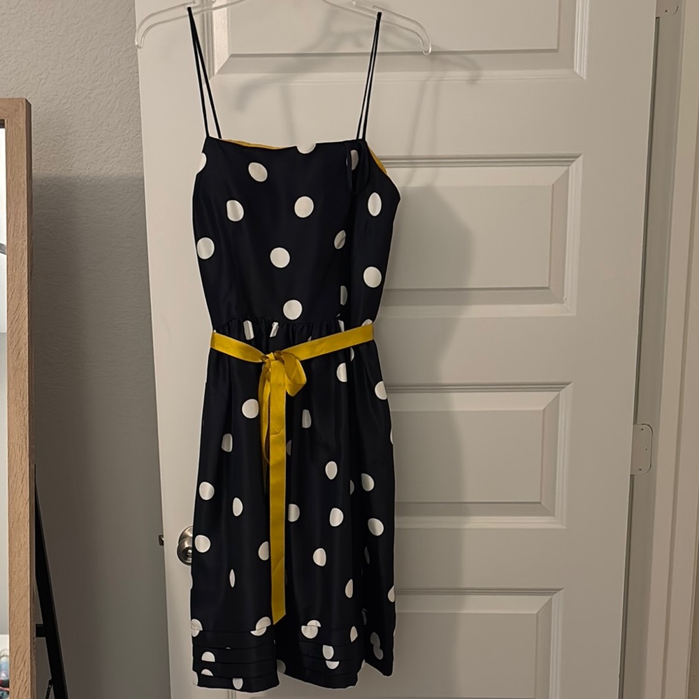 Jessica Howard Navy Polka Dot Dress w Yellow Accents SZ 12  fit & flare sateen